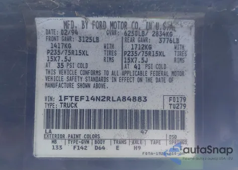 1994 Ford F150 из США, поврежденный, VIN 1FTEF14N2RLA84883